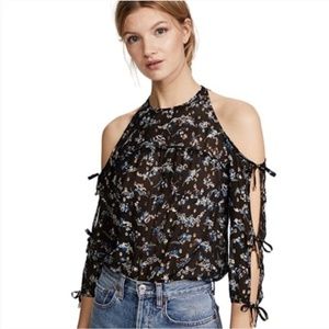 Veronica Beard Open Sleeve Flynn Cold Shoulder Sheer Floral Silk Top